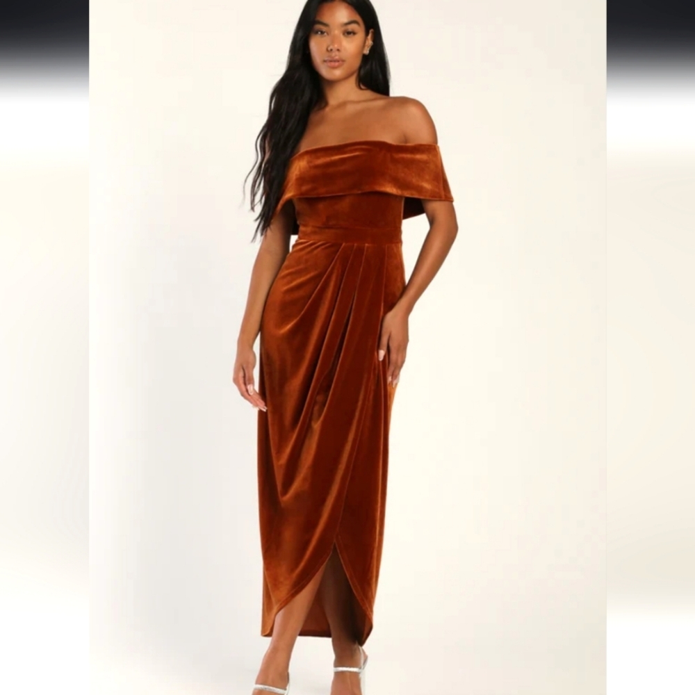 NWT I'm Enchanted Rust Orange Velvet Off the Shoulder Maxi Dress Lulu's size XL